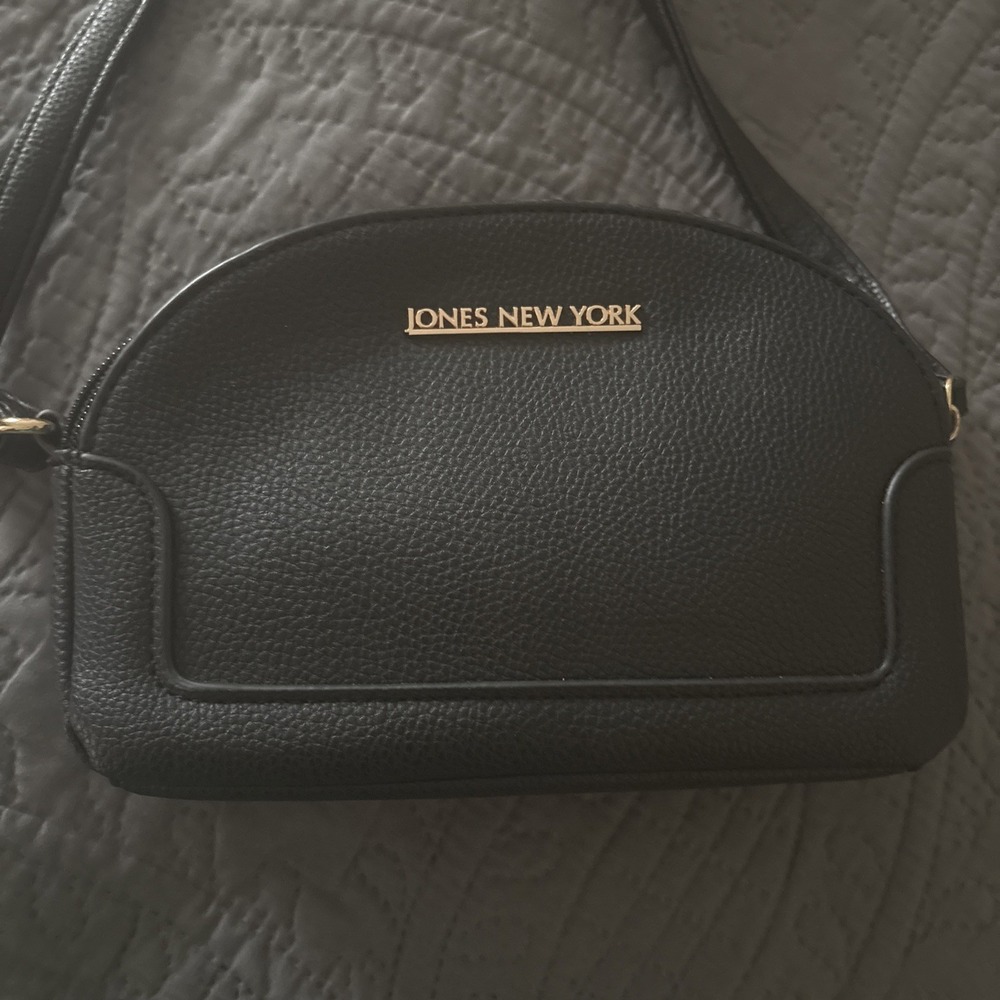 Jones New York Women's Leather Golden Crossbody Bag Black Adjustable Strap Purse